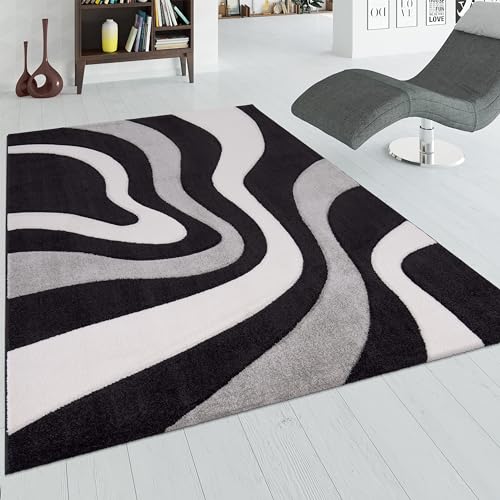 Paco Home Alfombra De Diseño Perfilado - Estampado De Ondas - Negro...